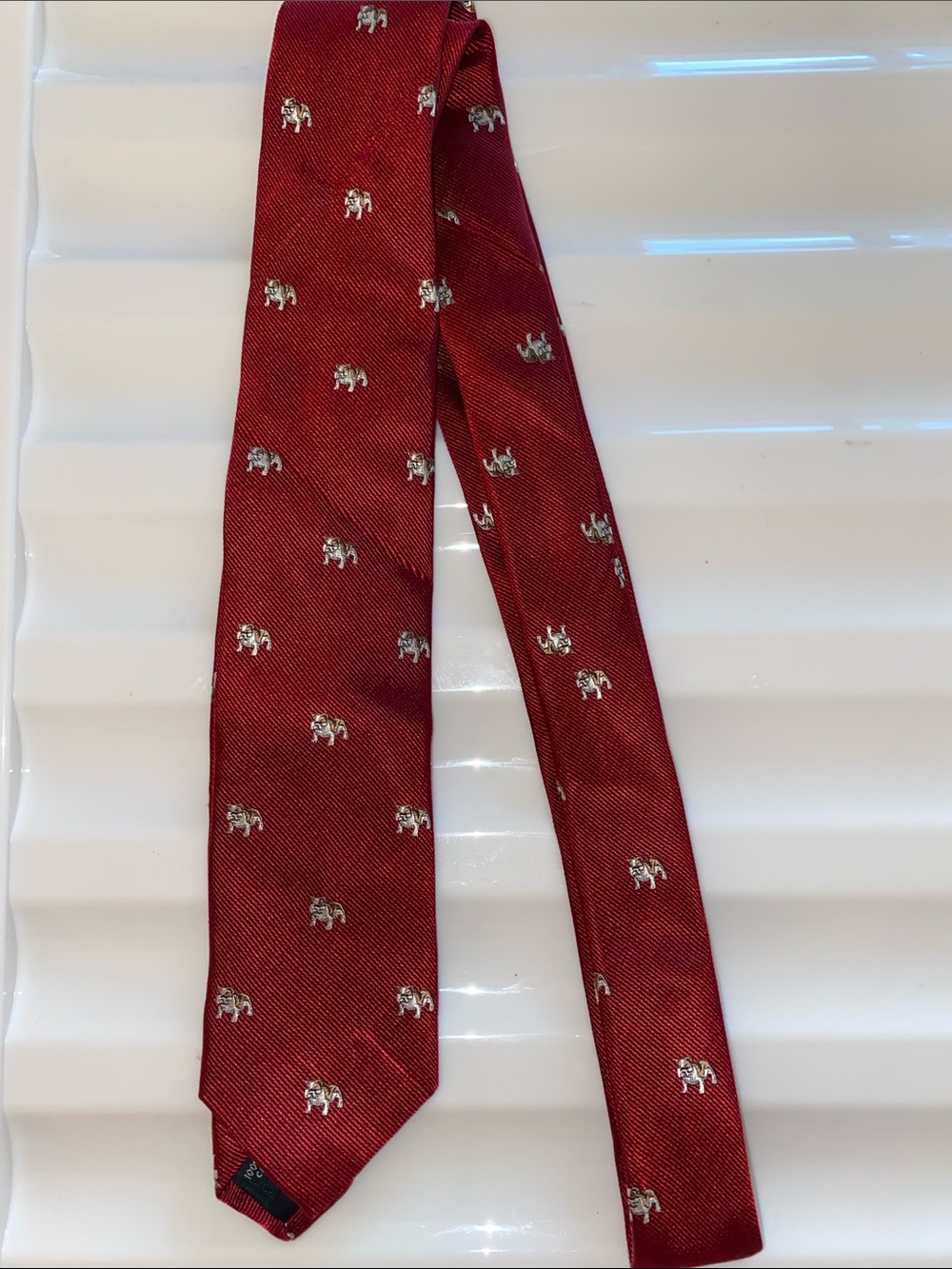 J. Crew Burgundy Silk Tie with Silver bulldog design